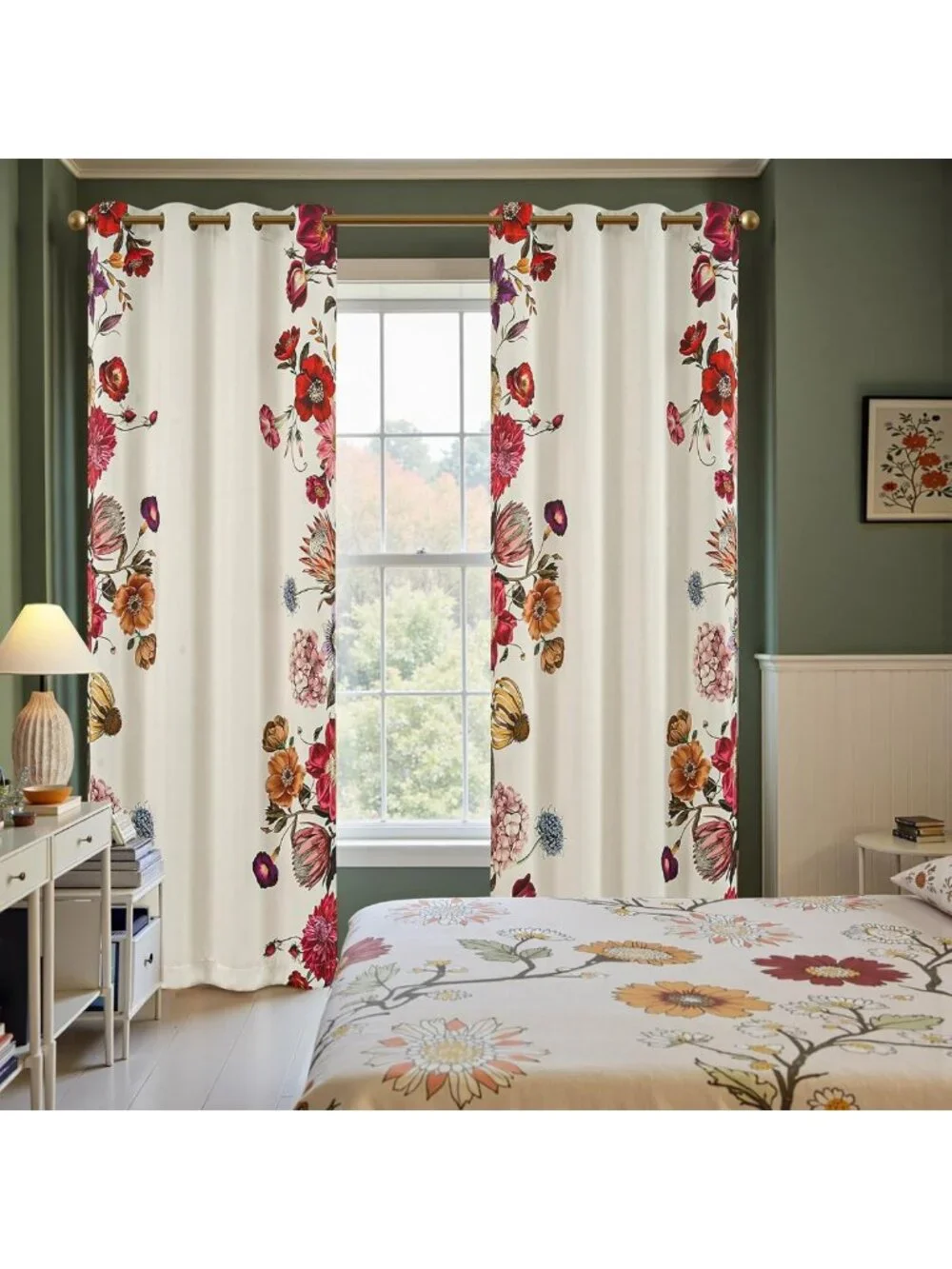 Vintage Floral Blackout Curtains - Light Filtering Drapes, Retro Flower Print